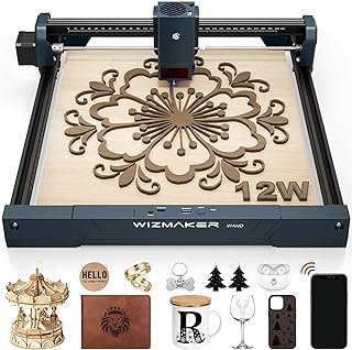 WIZMAKER Wand 12W Laser Engraver, 300×300mm High-Power Diode Laser Cutter for Wood, Leather, Paper, MDF, Felt, Coated Me